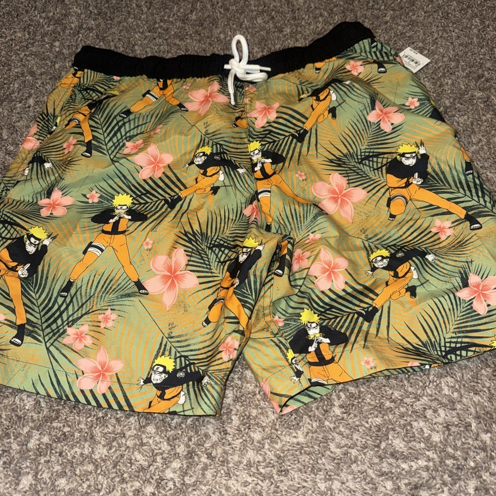 Naruto Men's Elastic Waist Swim Shorts, 3‎ Pockets, Green/Orange/Yellow Medium